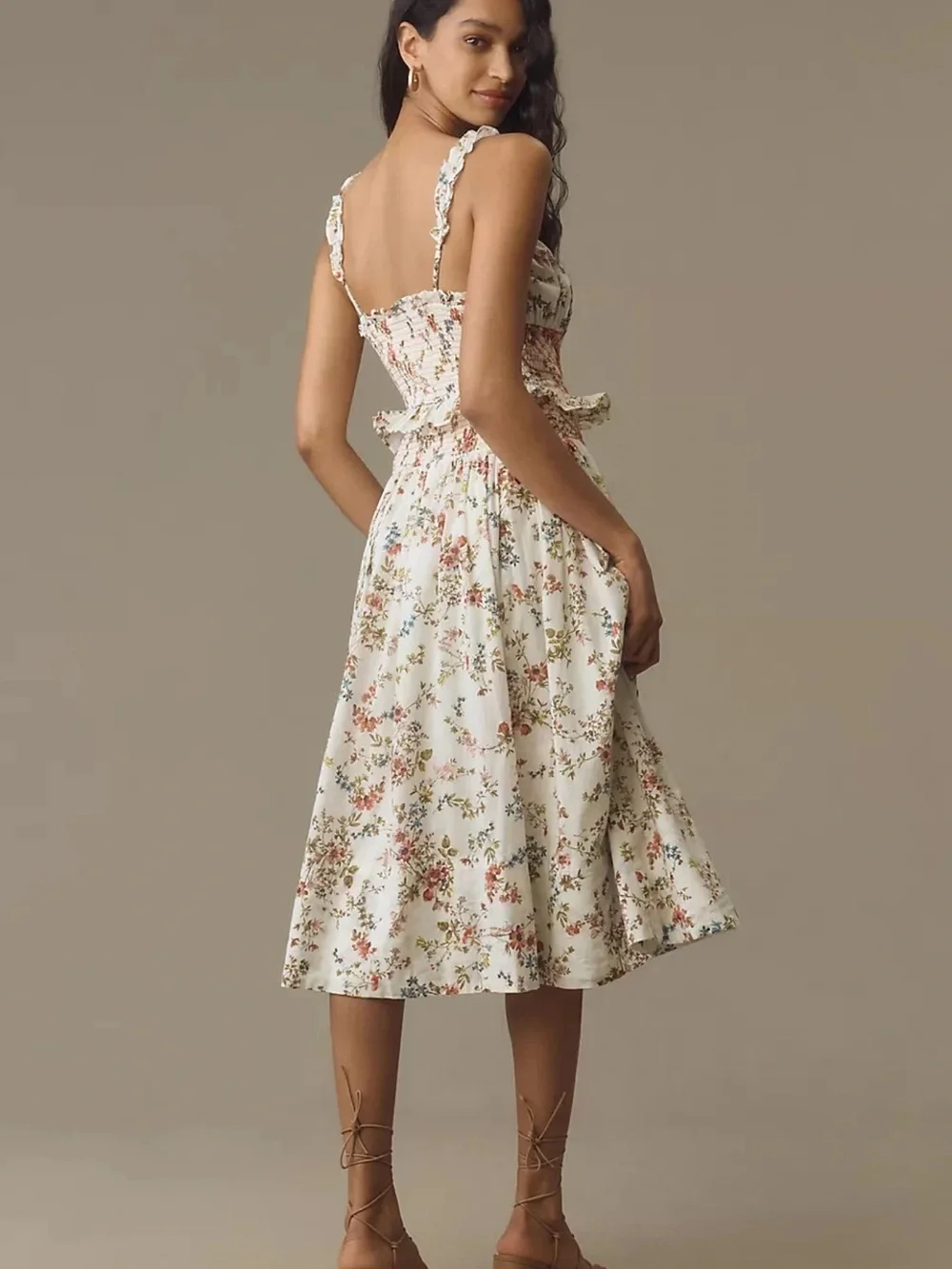 Anthropologie Cream Floral Smocked Midi Dress - Picture 2 of 4